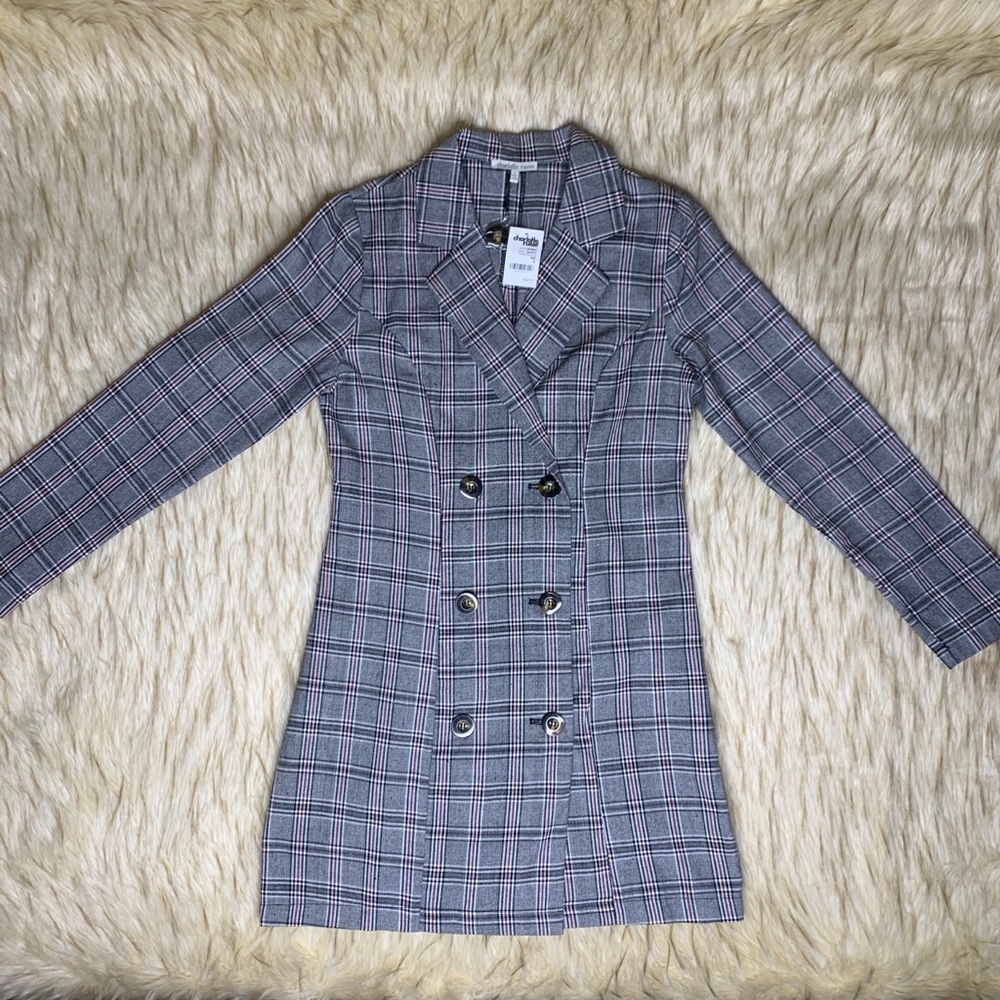 NWT CR Gray Plaid Oversized Blazer Dress Sz S